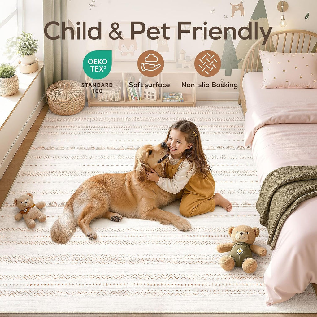 Area Rug Living Room Rugs: 5X7 Large Soft Machine Washable Boho Moroccan Farmneutral Stain Resistant Indoor Floor Carpet For Bedroom Under Dining Table Home Office Decor-Cream Brown