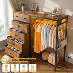 Enhomee 49.2" W Dresser With Hanging Rack & 6 Drawers, Grid Panel & 4 Hooks | Featuring Led Lights And Charging Station, Wooden Top Organize Unit For Bedroom, Chest Of Drawers With Steel Frame, Brown