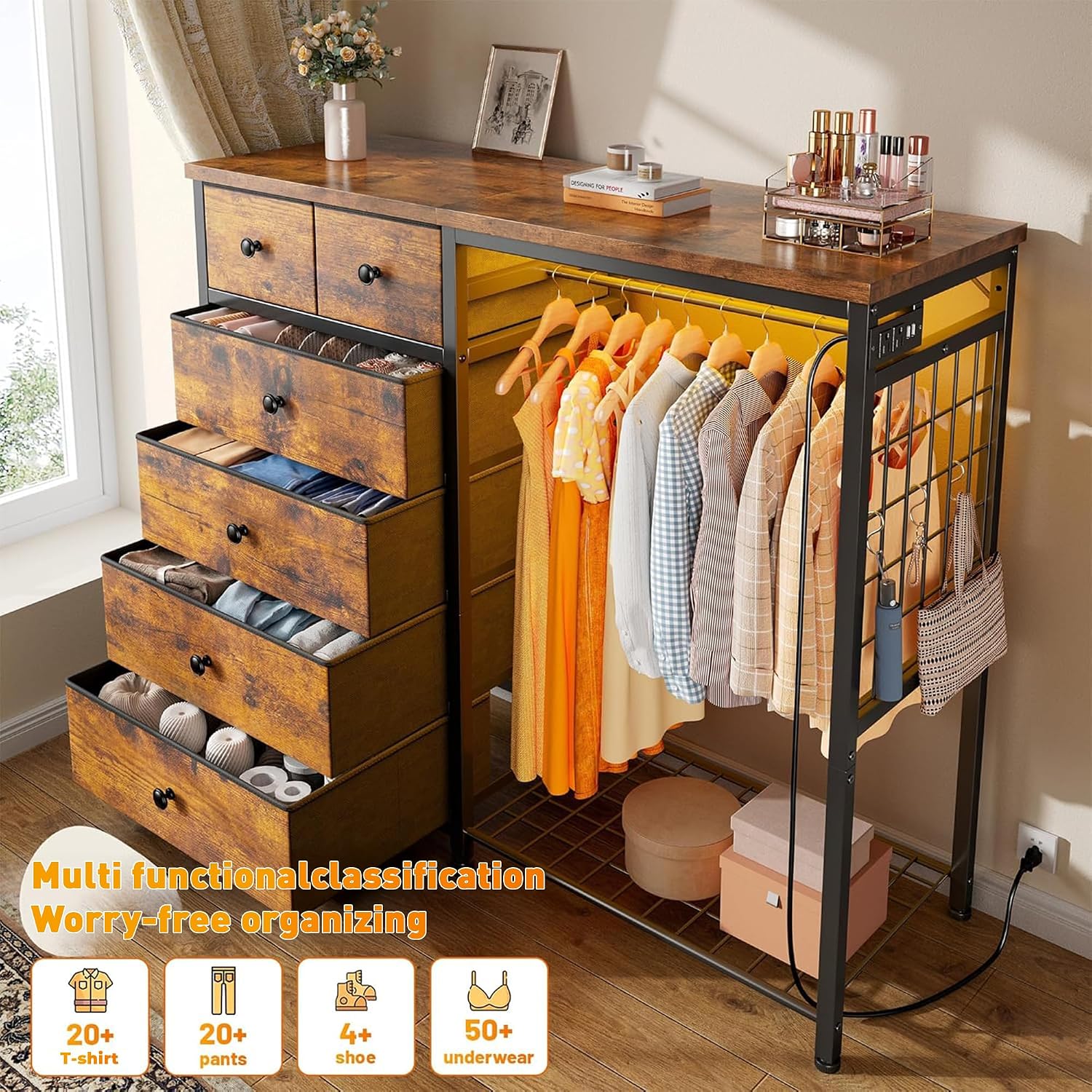 Enhomee 49.2" W Dresser With Hanging Rack & 6 Drawers, Grid Panel & 4 Hooks | Featuring Led Lights And Charging Station, Wooden Top Organize Unit For Bedroom, Chest Of Drawers With Steel Frame, Brown