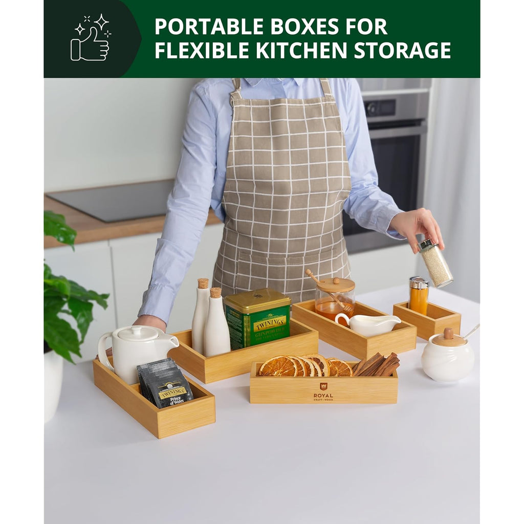Royal Craft Wood 5-Piece Bamboo Drawer Organizer Set – Multi-Use Storage Trays For Kitchen, Bathroom, Office, Makeup, Jewelry & More – Junk Drawer Tray, Utensil Holder, Storage Box & Bin Set (5 Boxes)