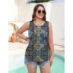 Womens Tank Tops 2026 Summer Loose Fit Crew Neck Boho Tunic Pleated Babydoll Sleeveless Shirts with Button Detail