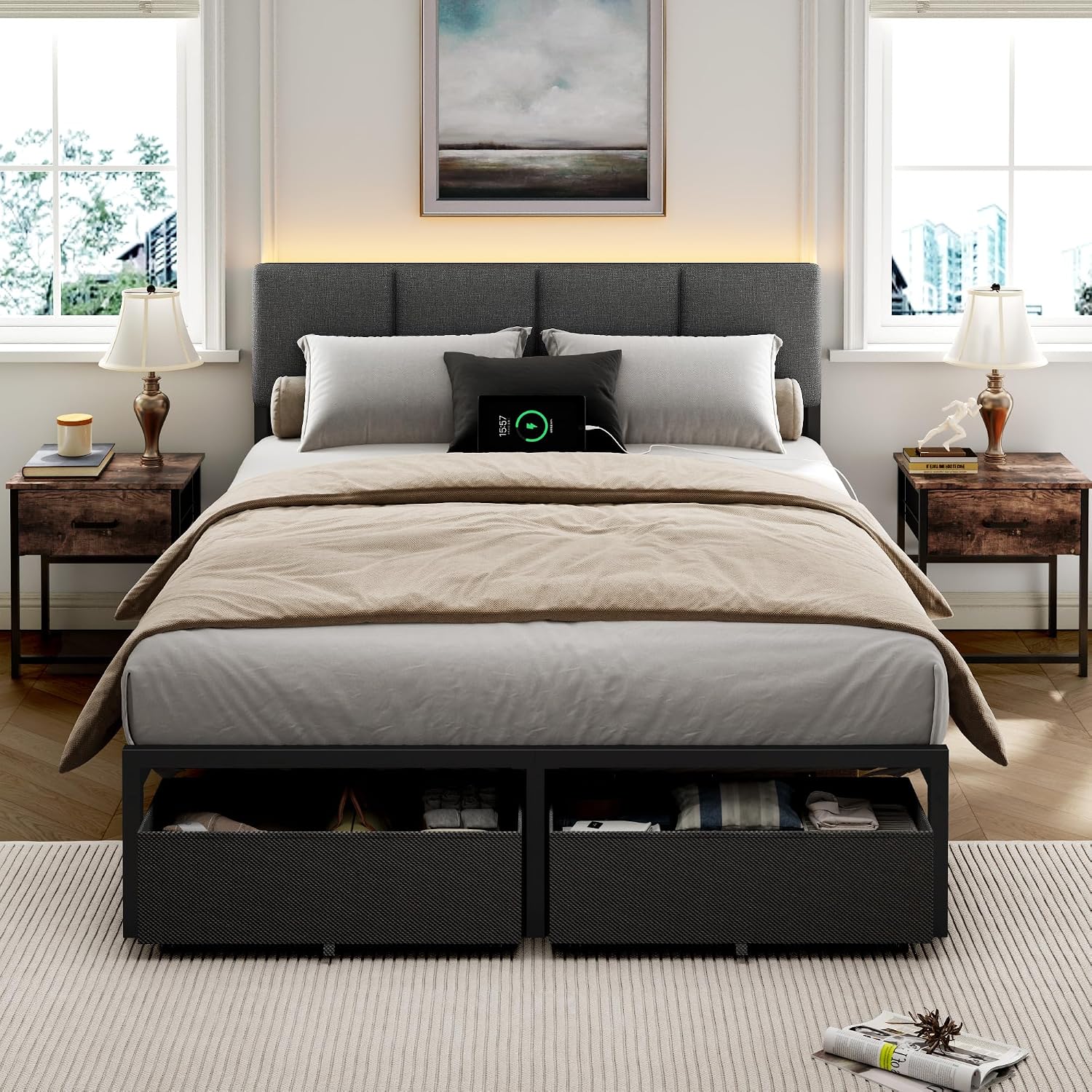 Full Size Bed Frame With Headboard, Upholstered Full Bed Frame With Led Light, Usb Charging Station, Platform Bedframe With 2 Fabric Underbed Storage Drawers, No Spring Box Needed