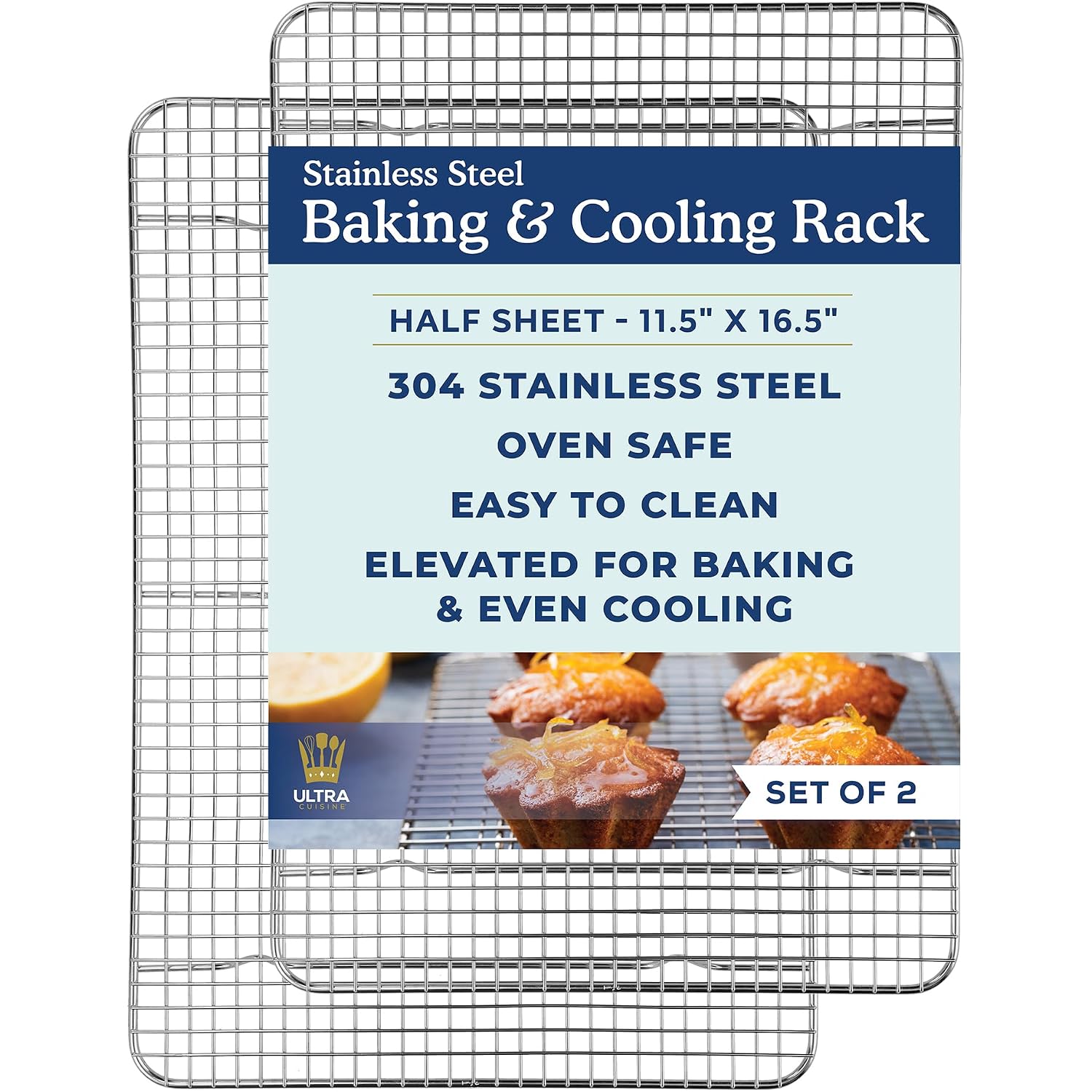 Oven-Safe, Dishwasher-Safe 100% Stainless Steel Cooling And Baking Rack Set Heavy Duty Tight-Wire - 11.5 X 16.5-Inch - Set Of 2 - Half Sheet Pan Cooling Racks