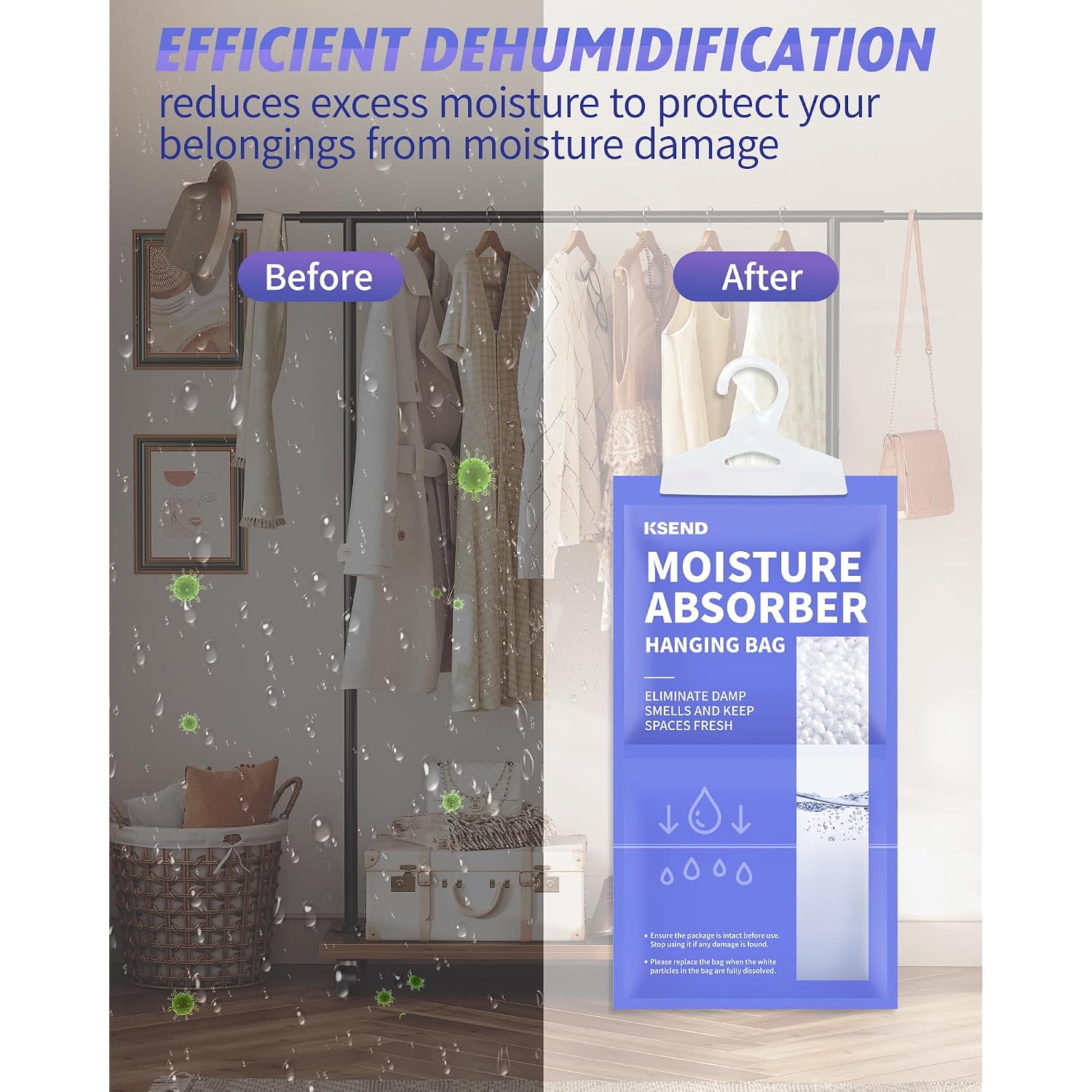 Moisture Absorbers 10 Pack, 9.8 Oz Compact Dehumidifier Bags & Packs, Moisture Hanging Bag, Humidity Absorbers, Closet Deodorizer Against Musty Odors, 11.8'' X 6.3''