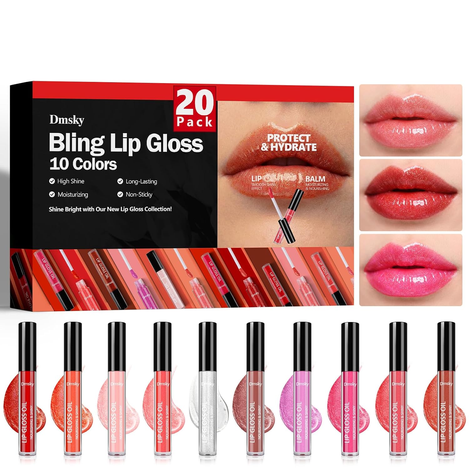 Dmsky Bling Lip Gloss Set,10 Colors High Shine Lip Gloss Pack Non-Sticky Pink Glitter Long Lasting Moisturizing,Multi Fruit Flavors Glitter Makeup For Women,20 Pack