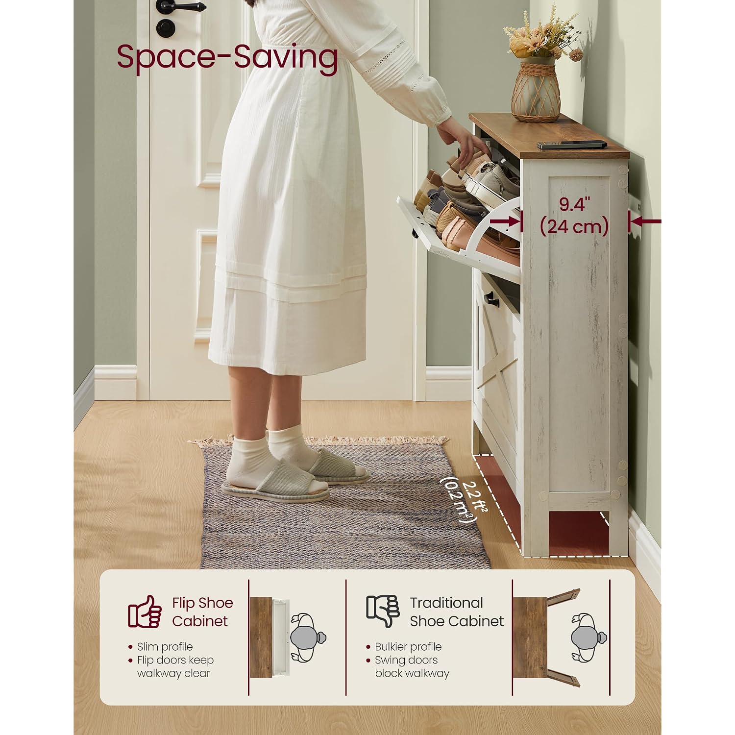 Vasagle Liry Collection - Shoe Storage Cabinet Organizer With 2 Flip Drawers, Freestanding Narrow Shoe Rack Cabinet For Entryway, Farmhouse Style, Fits 12 To 16 Pairs, Rustic White Uhsc201W01