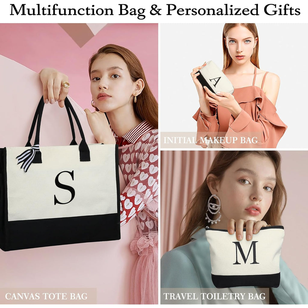 YOOLIFE Gifts for Women - Initial Canvas Tote Bag & Makeup Bag, Birthday Gifts for Women Mom Sister Friends
