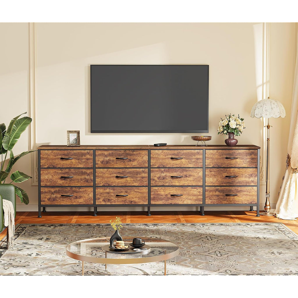 Huuger 70 Inch Dresser For Bedroom, Tv Stand For 65, 75, 80 Inch Tv, 12 Fabric Drawer Long Dresser, Large Entertainment Center For Bedroom, Wide Chest Of Drawer With Storage, Rustic Brown