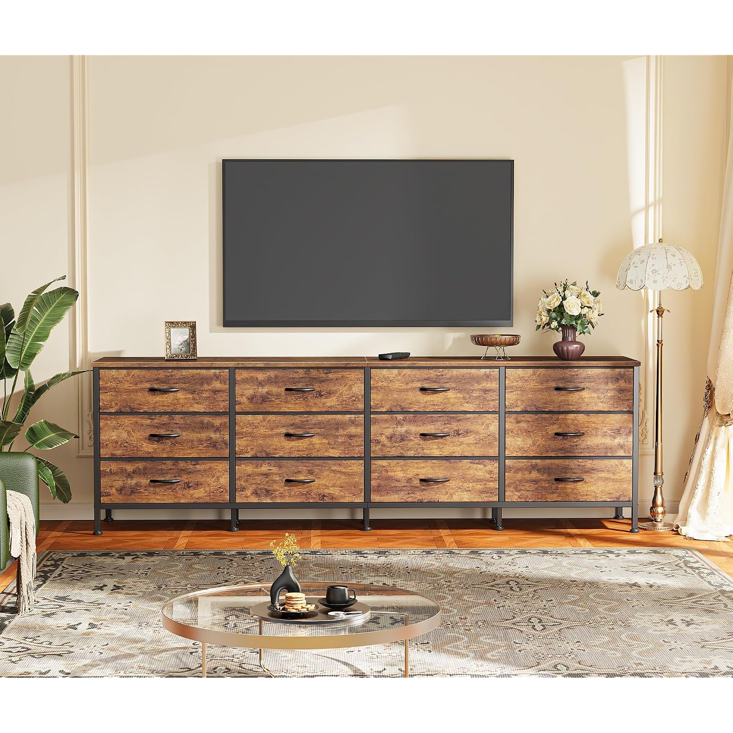 Huuger 70 Inch Dresser For Bedroom, Tv Stand For 65, 75, 80 Inch Tv, 12 Fabric Drawer Long Dresser, Large Entertainment Center For Bedroom, Wide Chest Of Drawer With Storage, Rustic Brown