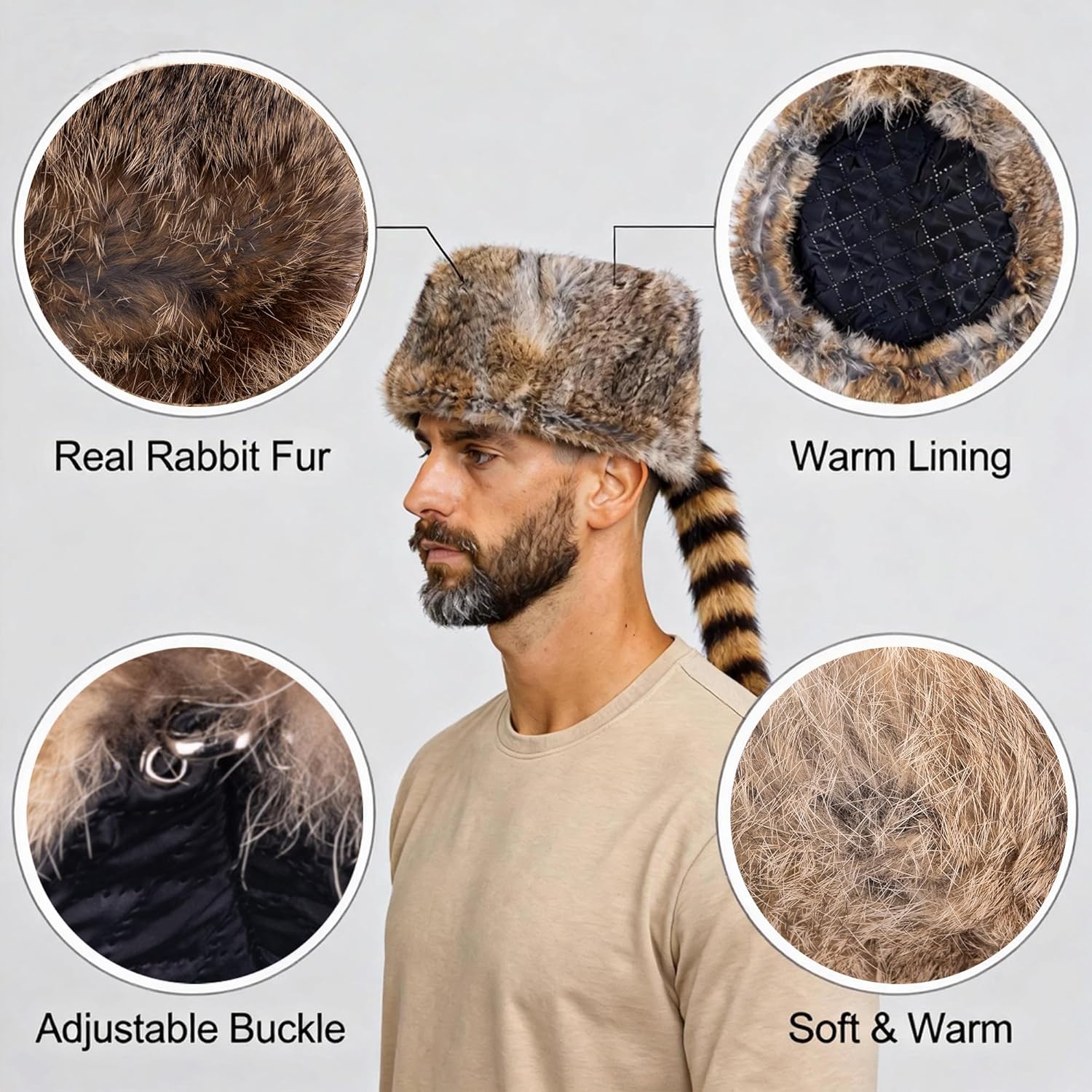 Real Raccoon Hat with Tail for Men Women Rabbit Fur Davey Crockett Coonskin Hat Russian Ushanka Fur Hats