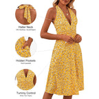 Huhot Women'S Summer Sundress Sleeveless Halter Neck Spring 2026 Floral With Pocket Elastic Waist Ruffle Mini Dresses