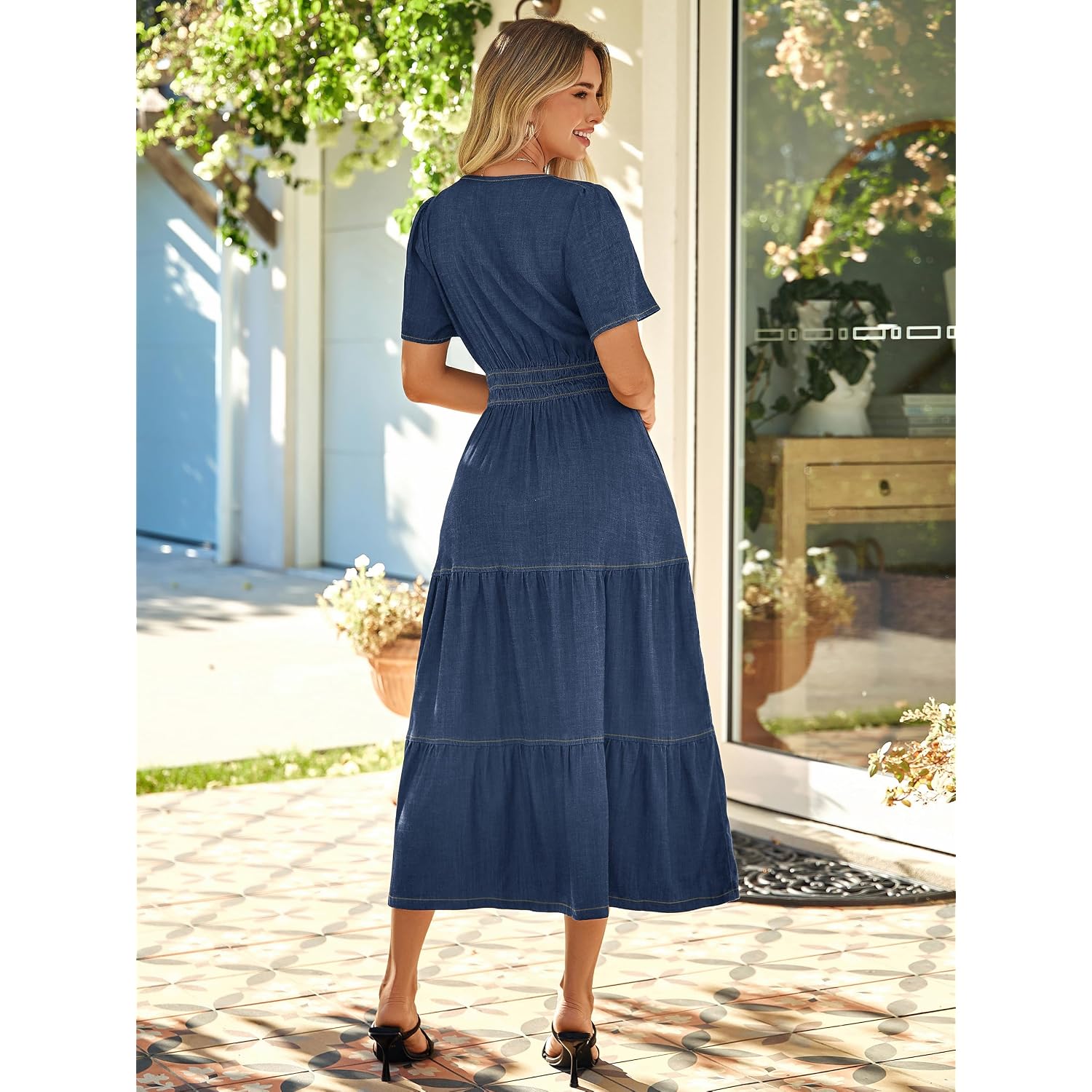 Simplee Womens Summer Denim Dress Casual Short Sleeve V Neck Empire Waist Boho Flowy Western Jean Maxi Dresses With Pockets