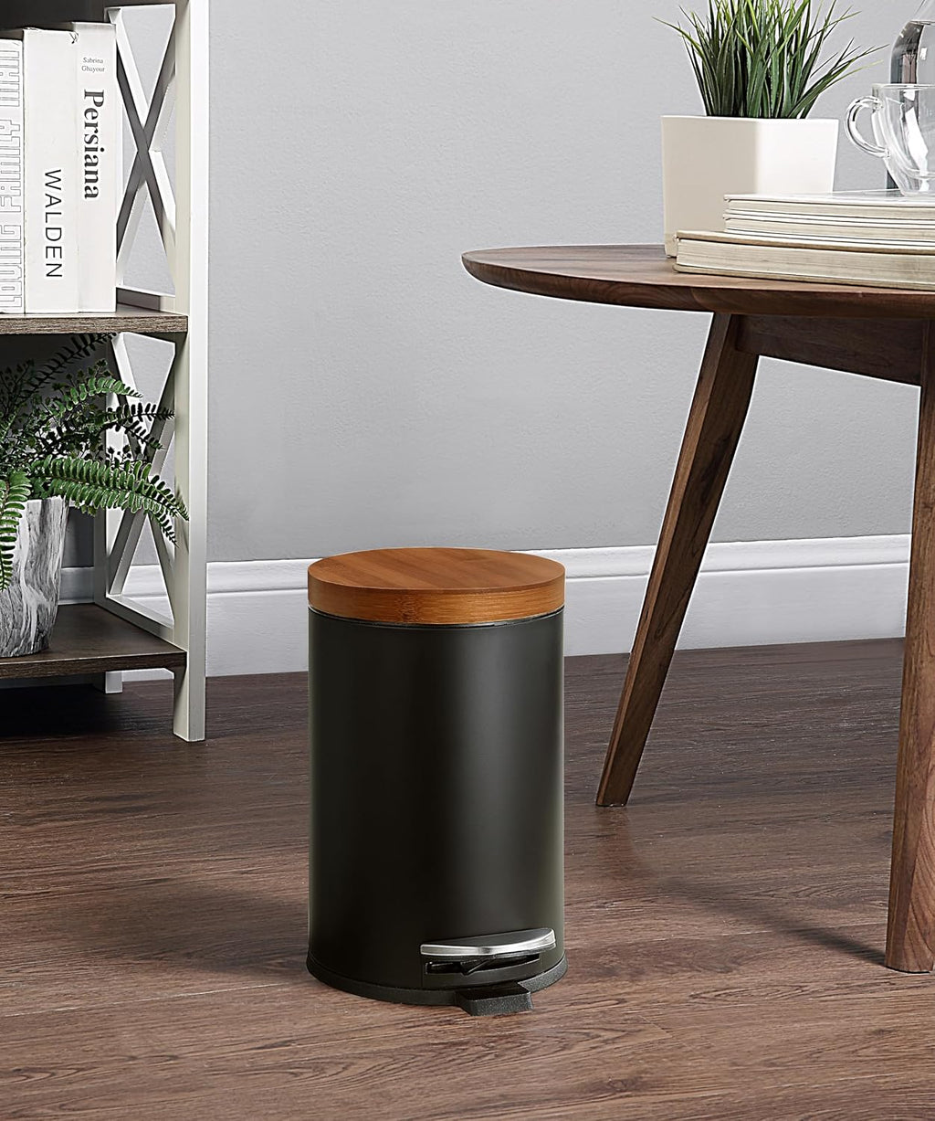 Sunnypoint Elite Bamboo Lid 4.5 Liter / 1.2 Gallon Round Trash Can With Plastic Inner Bucket; Bathroom, Office, Kitchen And Bedroom Step On And Slow Close (Black)