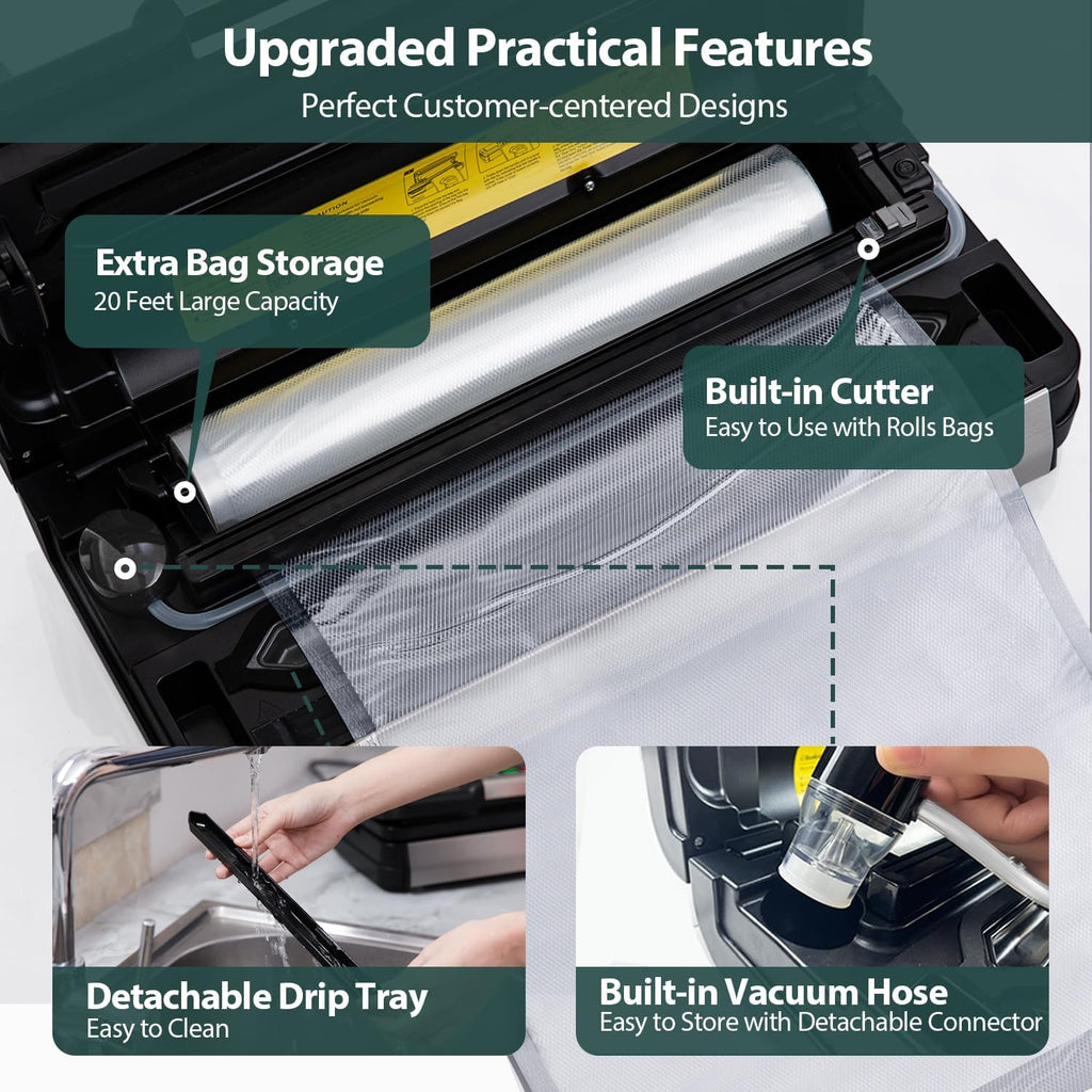 95kPa Vacuum Sealer Machine with AquaLock Technology, for Moist Seals, 2X Seal & 130W, Fully Automatic Food Sealer, Built-In Cutter, Bag Storage & Hose, Precision Sealing, 2 Bag Rolls,Stainless Steel
