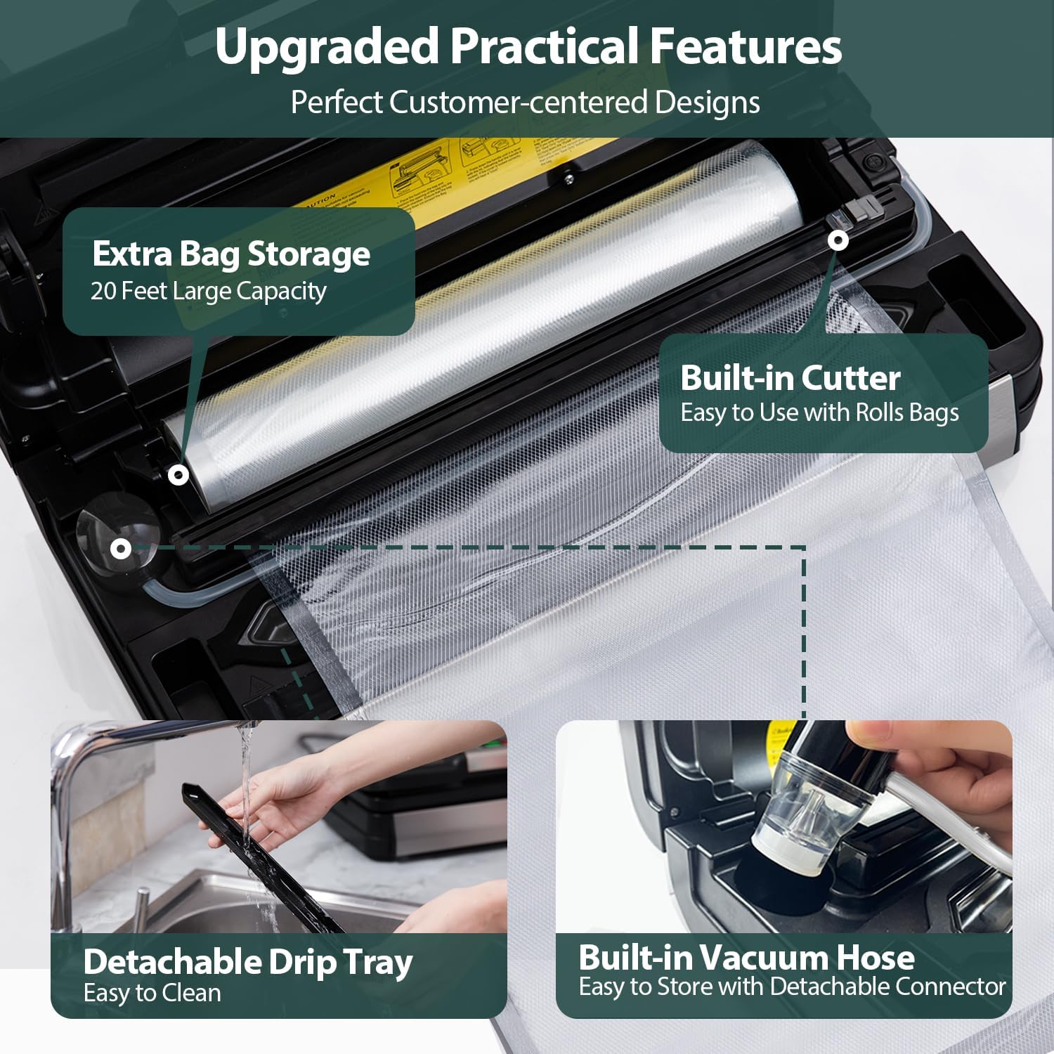 95kPa Vacuum Sealer Machine with AquaLock Technology, for Moist Seals, 2X Seal & 130W, Fully Automatic Food Sealer, Built-In Cutter, Bag Storage & Hose, Precision Sealing, 2 Bag Rolls,Stainless Steel