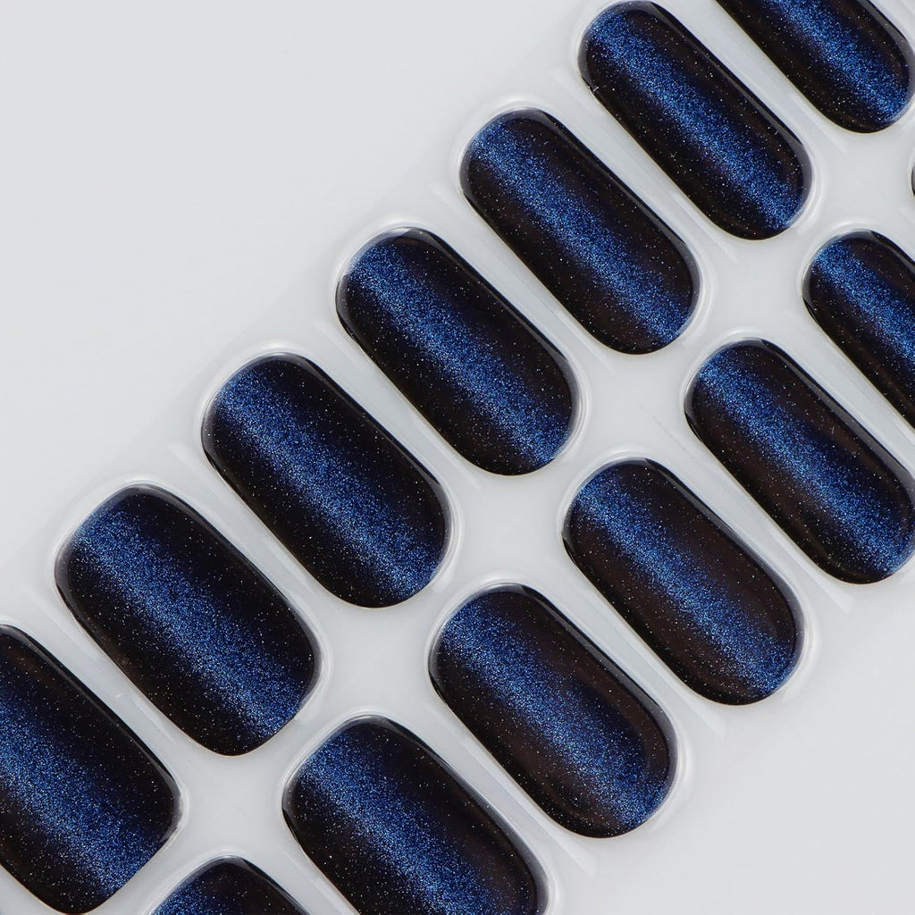 JMEOWIO Gel Nail Stickers Dark Blue Cat Eye Semi Cured Gel Nail Strips Wraps UV/LED Nails Art Design Decoration Accessories