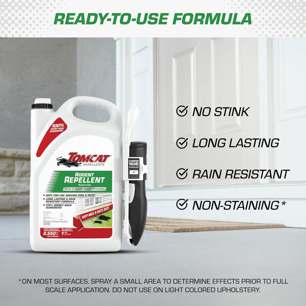 Tomcat Repellents Rodent Repellent Ready-To-Use With Comfort Wand, 1 Gal. | For Indoor And Outdoor Mouse And Rat Prevention, Peppermint Oil Spray For Rodents With Cinnamon & Garlic Essential Oils
