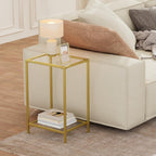 Homsho Side Tables Set Of 2, End Tables With Tempered Glass, 2-Tier Nightstands With Storage Shelves, Coffee Table With Modern Style, Slim Sofa Table For Living Room, Bedroom, 11.8" D X 15" W, Gold