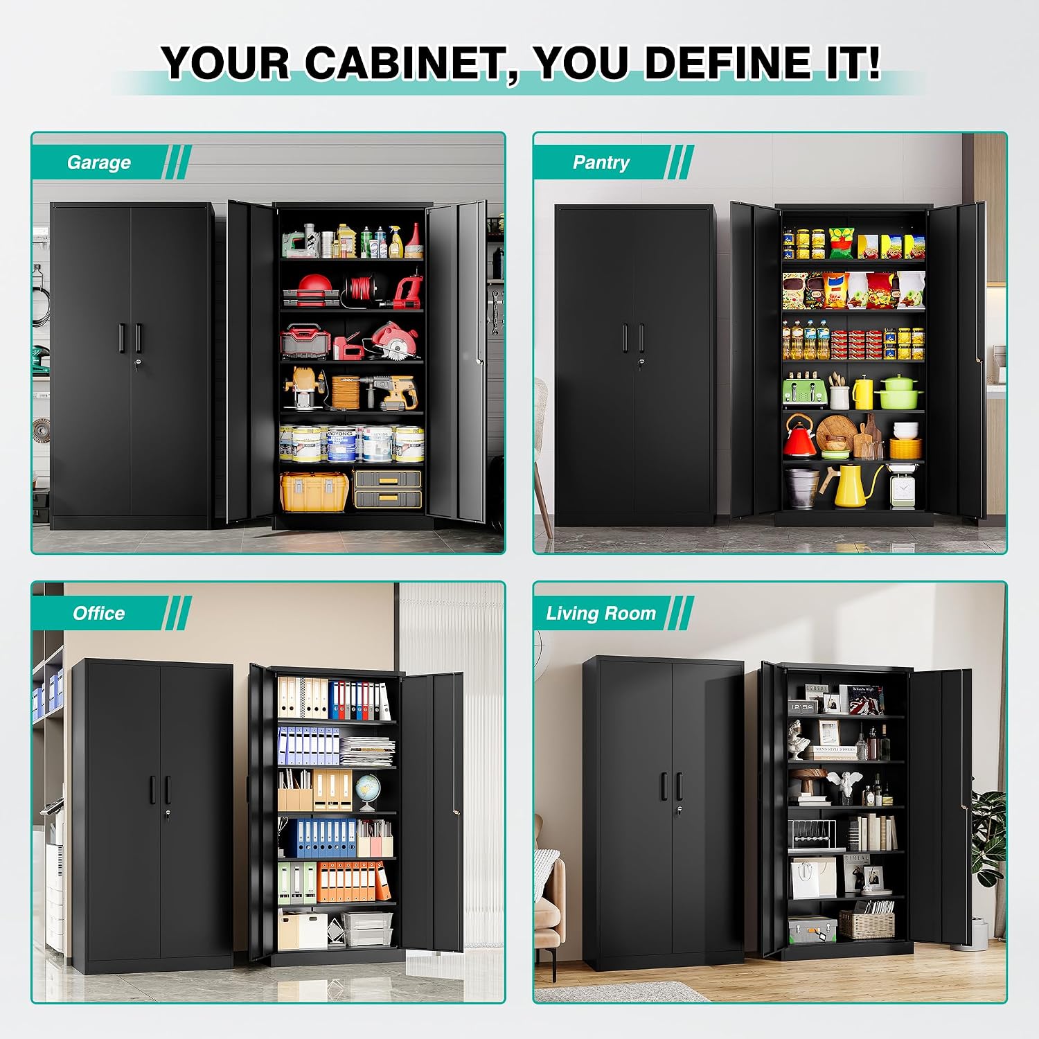 Wide & Deep Metal Storage Cabinet With 2 Doors And 5 Adjustable Shelves,72X36X18 Garage Storage Cabinet,Tall Black Locking Metal Cabinets With Lock,Steel Locked Cabinets For Home,Office,Garage