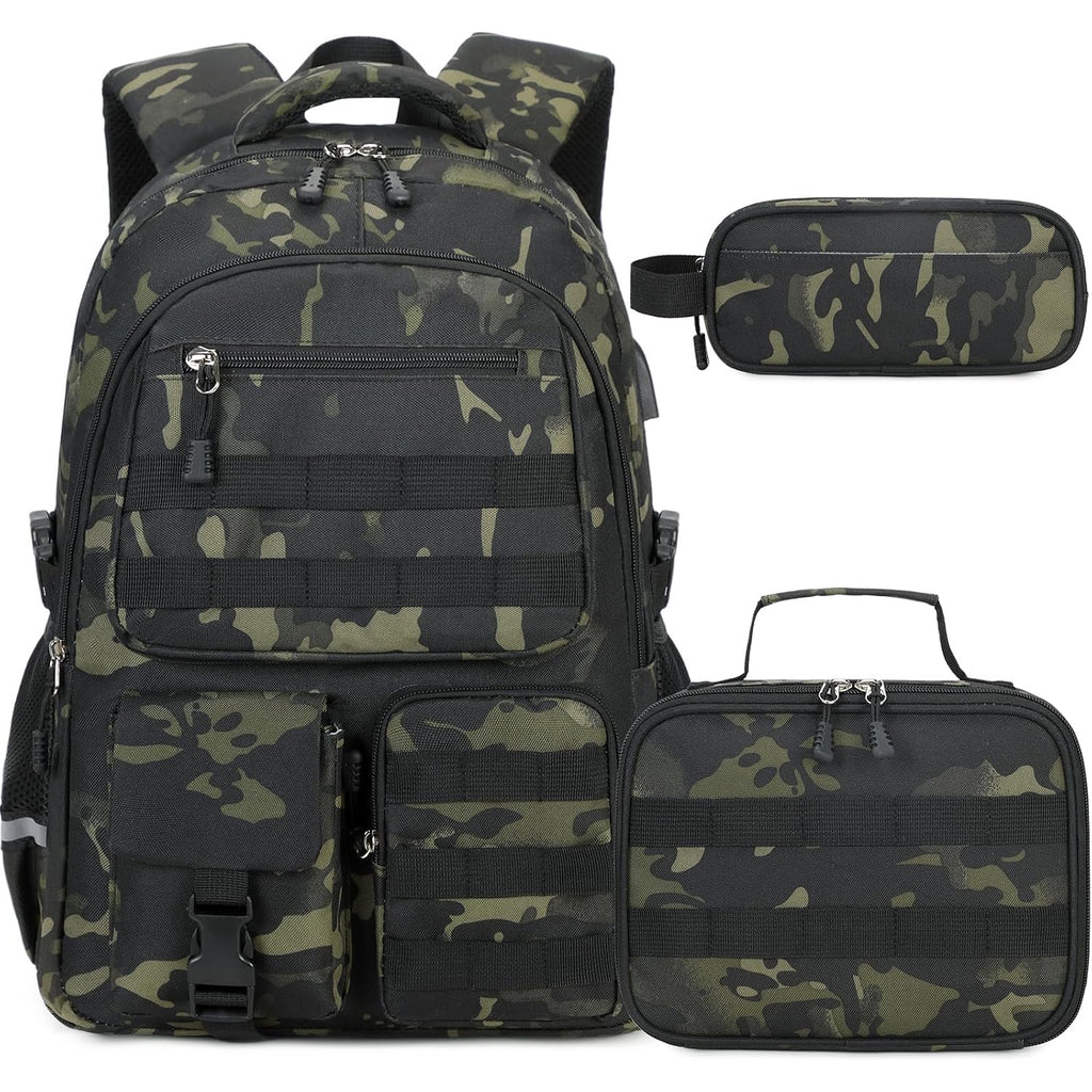 Camo Backpack For Boys With Lunch Box Pencil Case Usb Charging Port | Tactical Boys Backpack For School Kids Military Army Schoolbags For Boy Teens Kids Elementary Middle High, Black Grey Camo