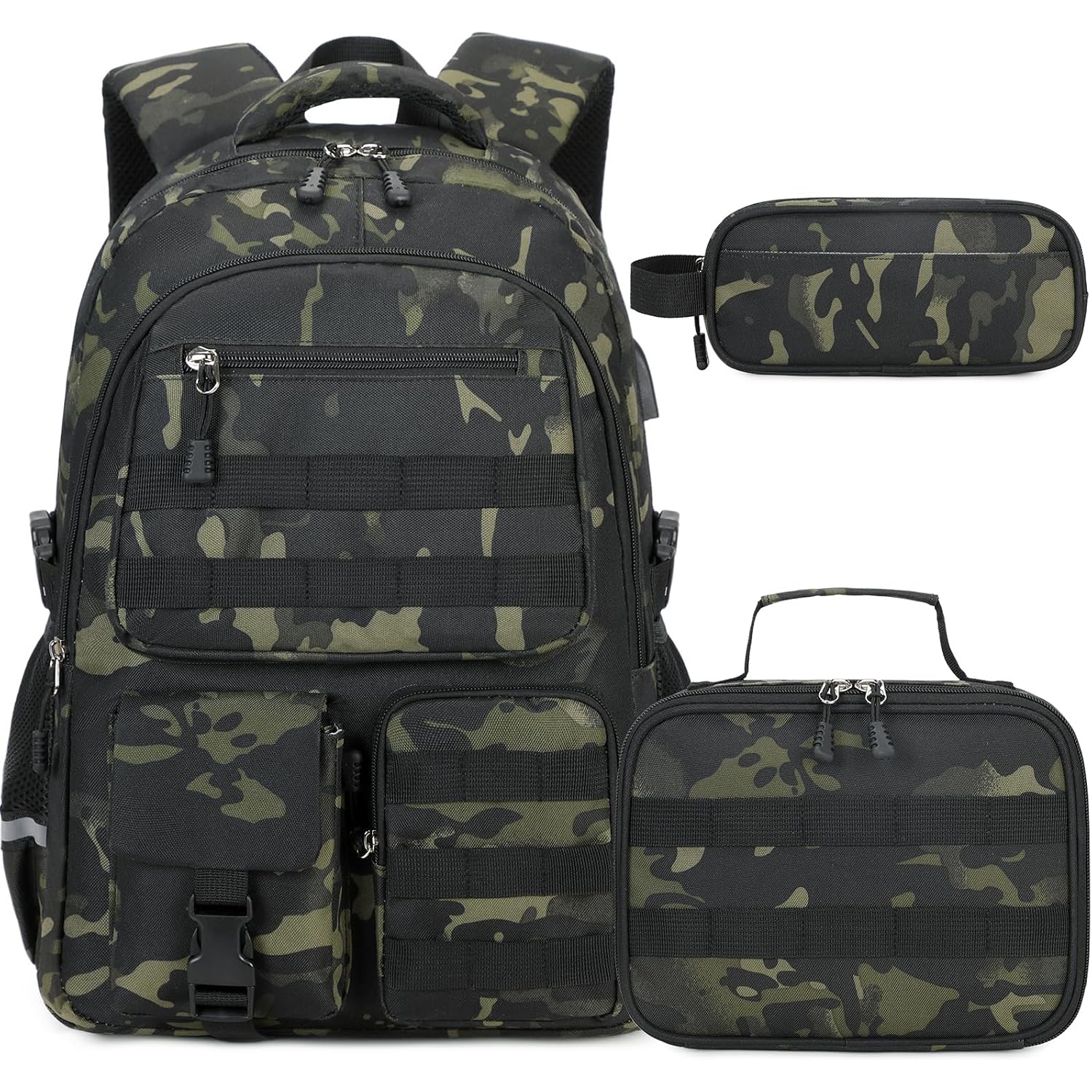 Camo Backpack For Boys With Lunch Box Pencil Case Usb Charging Port | Tactical Boys Backpack For School Kids Military Army Schoolbags For Boy Teens Kids Elementary Middle High, Black Grey Camo