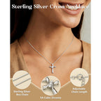 FUNRUN JEWELRY 925 Sterling Silver Cross Necklace for Women 3 Stone Cubic Zirconia Silver Cross Pendant Necklaces with 1 MM Box Chain,18 Inches