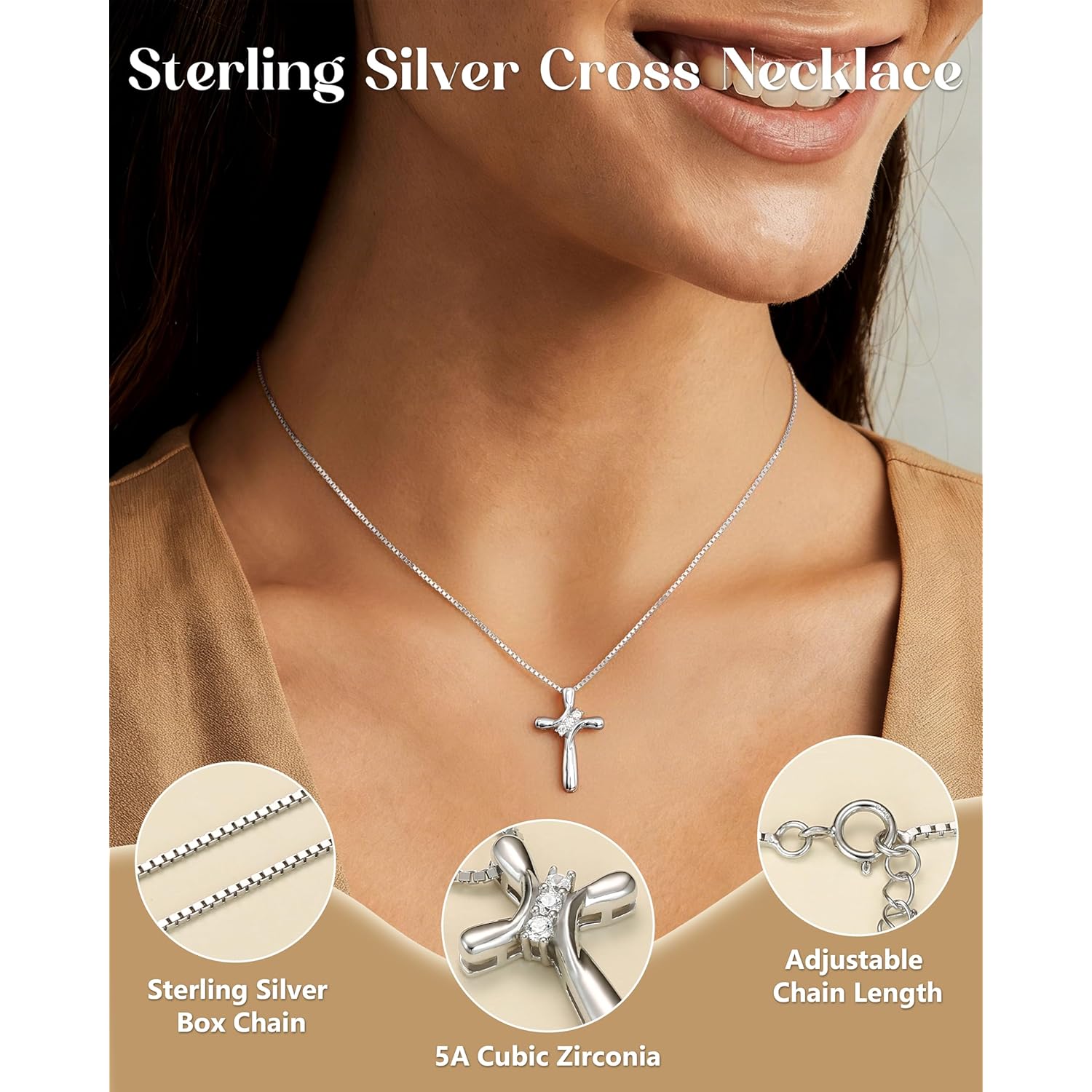 FUNRUN JEWELRY 925 Sterling Silver Cross Necklace for Women 3 Stone Cubic Zirconia Silver Cross Pendant Necklaces with 1 MM Box Chain,18 Inches