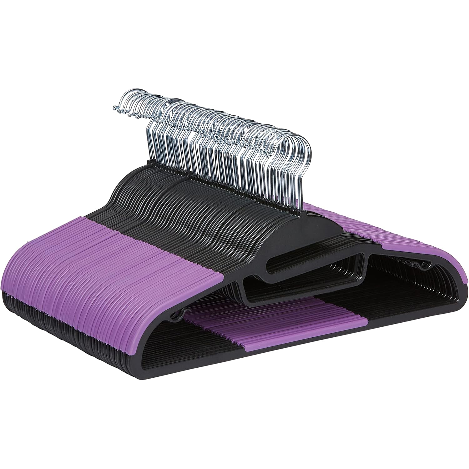 Amazon Basics Space Saving Non-Slip Rubber Coated Plastic Hangers With 360 Degree Swivel Hook, Black/Purple, Pack Of 50
