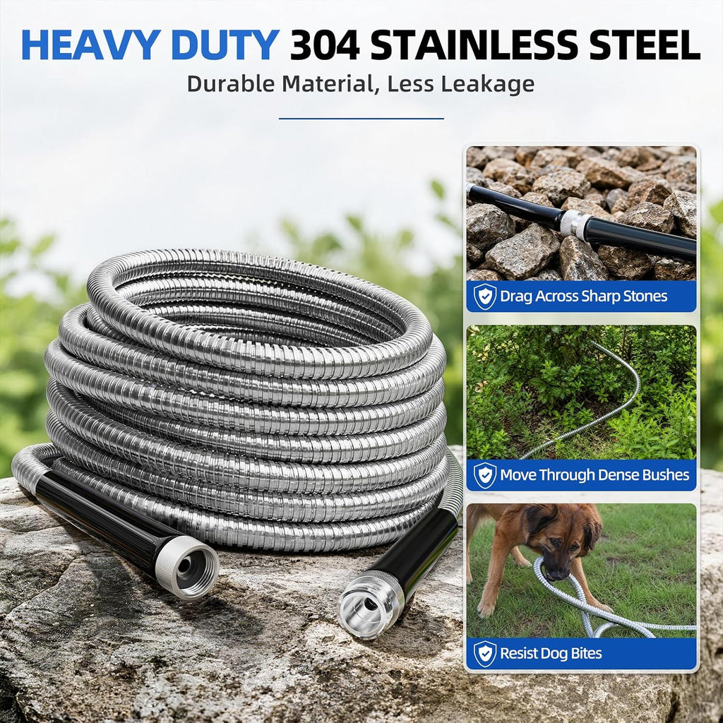 Specilite 50Ft 304 Stainless Steel Garden Hose Metal, Heavy Duty Water Pipe With Nozzles For Yard, Outdoor - Flexible, Never Kink & Tangle, Puncture Resistant (Sliver)