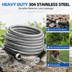 Specilite 50Ft 304 Stainless Steel Garden Hose Metal, Heavy Duty Water Pipe With Nozzles For Yard, Outdoor - Flexible, Never Kink & Tangle, Puncture Resistant (Sliver)
