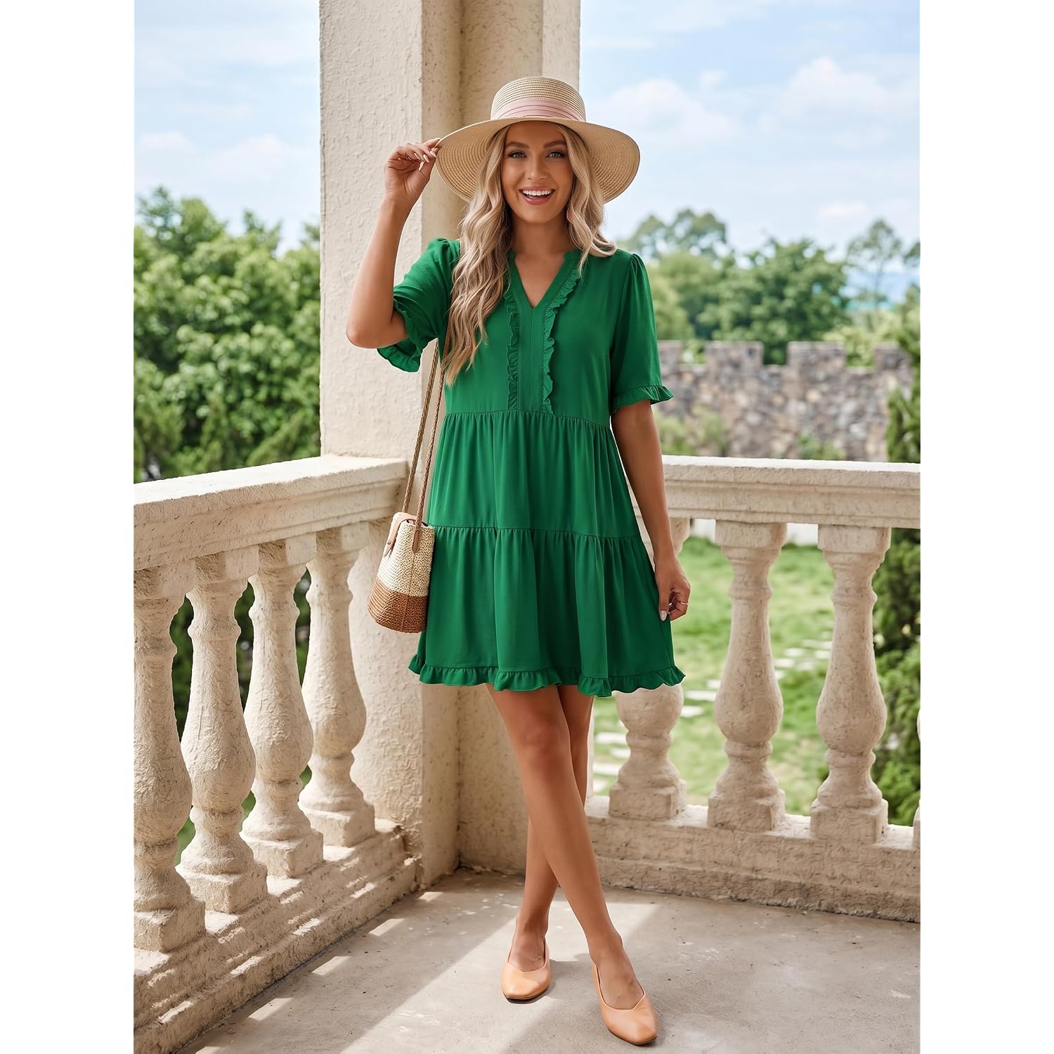 Dokotoo Womens Summer Dresses 2026 V Neck A Line Short Sleeve Casual Ruffle Babydoll Mini Dress