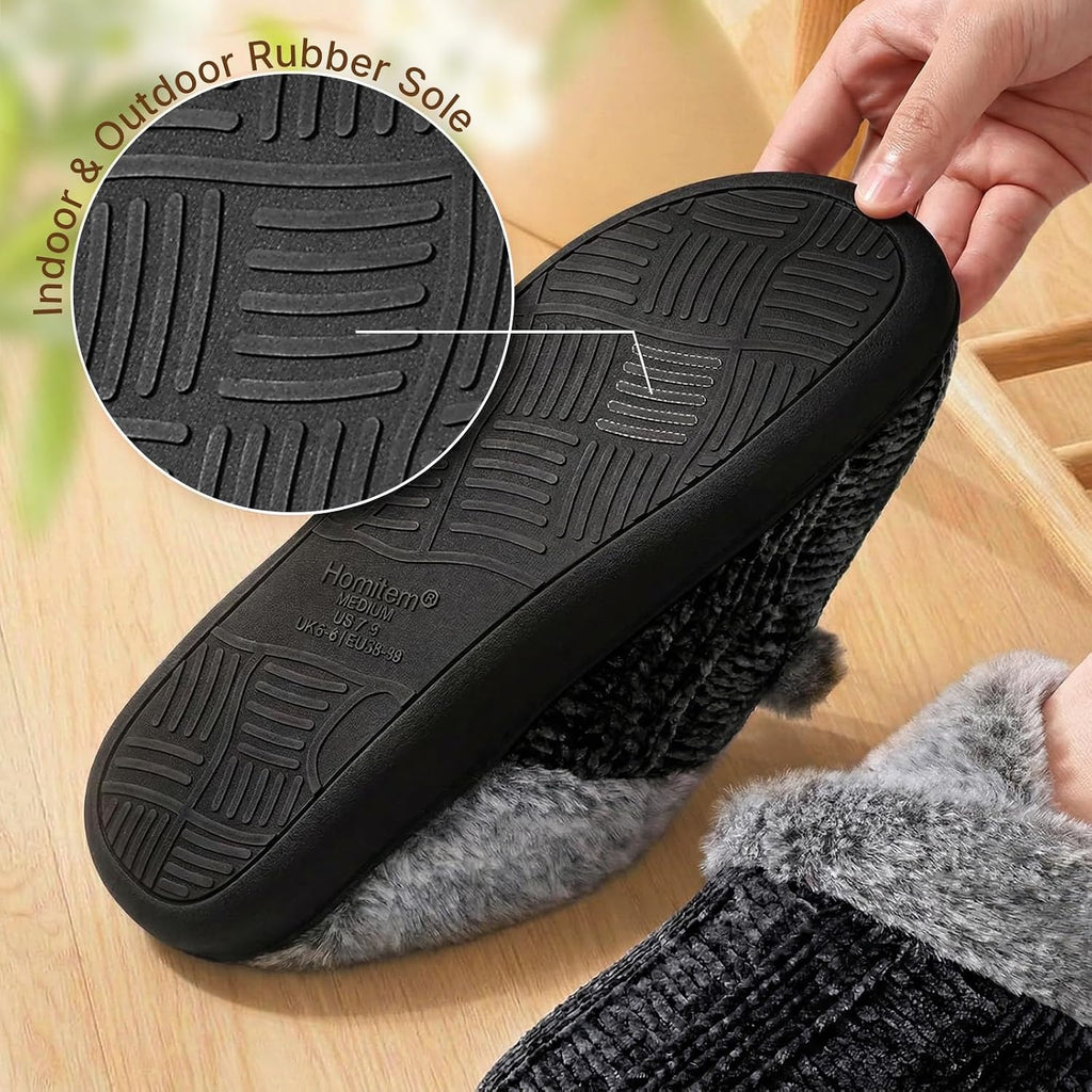 Slippers For Women Fuzzy House Slip On Indoor Outdoor Bedroom Furry Fleece Lined Ladies Comfy Memory Foam Female Home Shoes Anti-Skid Rubber Hard Sole
