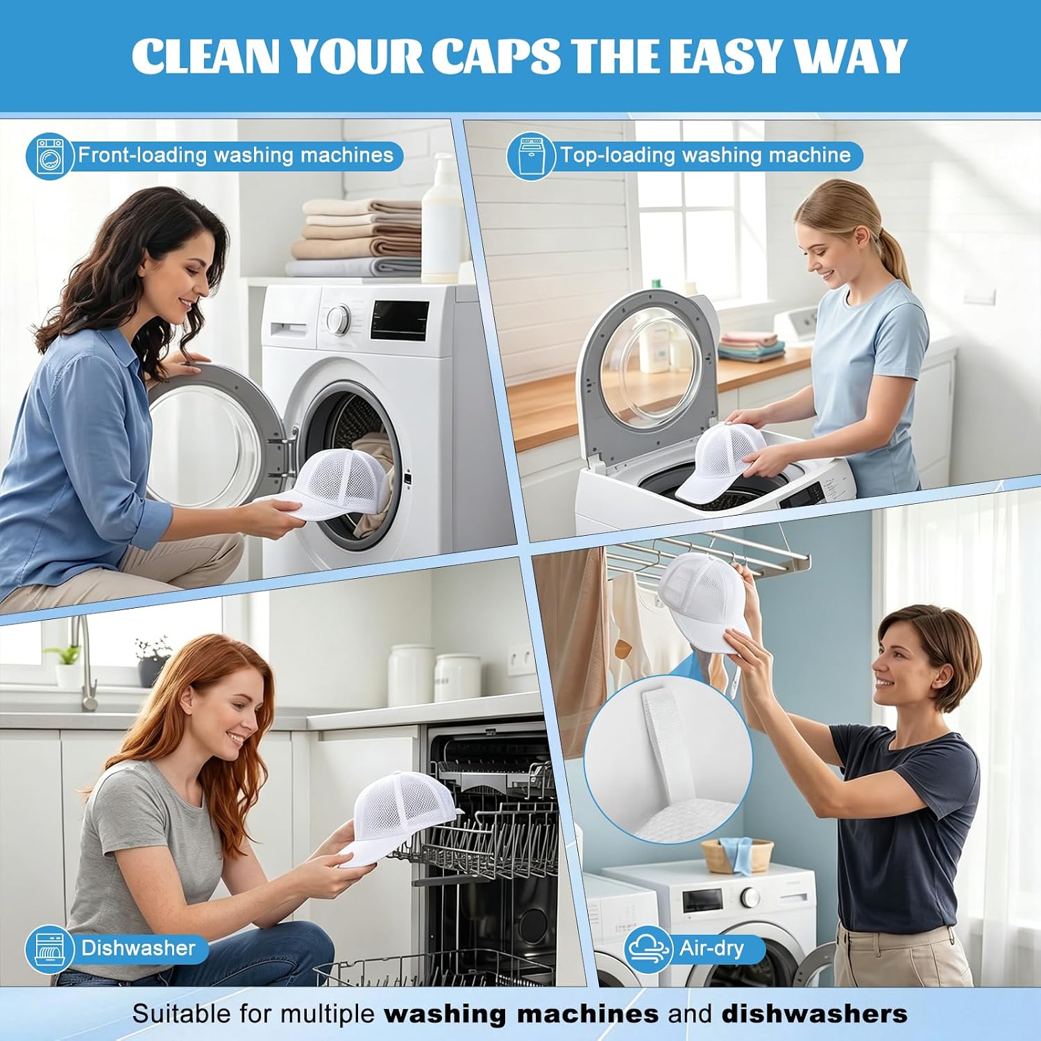 Eiito Hat Washer Cage Hats Cleaner, 4Pcs (2 Cages + 2 Bags) Hat Washer For Baseball Caps For Washing Machine Or Dishwasher, Ball Cap Washers Frame For Flat & Curved Hats, White