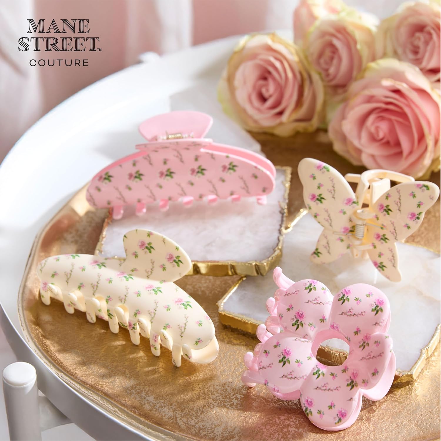 6-Piece Vintage Floral Hair Clip & Scrunchie Set For Women By Mane Street Couture | Claw Clips, Xl Floral Scrunchie, No Damage Hair Accessories