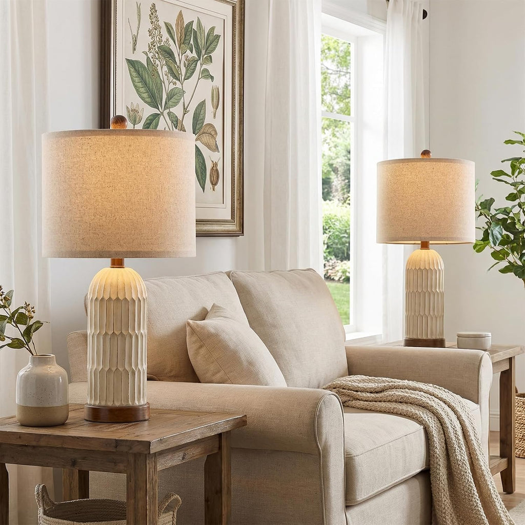 22.5" Bedside Table Lamps Set Of 2, Farmhouse Table Lamp With Usb A+C Charging Ports,Vintage Nightstand Lamp For Bedrooms And Living Rooms, Retro Resin End Table Lamp, Beige And Brown