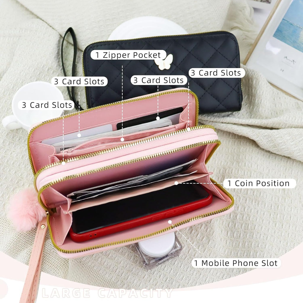 Womens Wristlet Wallets, PU Leather Clutch Wallet Double Zipper Credit Card Wallet with Multi Card Slots