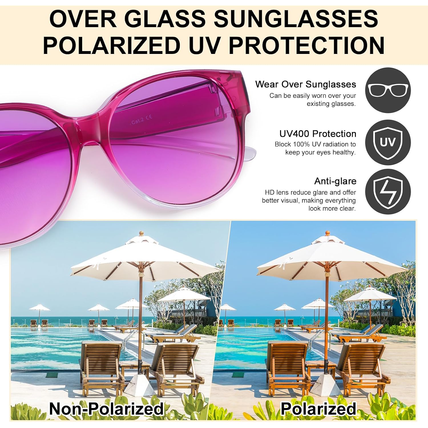 2 Pcs Polarized Fit Over Sunglasses for Women, Large Round UV400 Protection Sunglasses Trendy Fit Over Sunglasses Purple, Pink