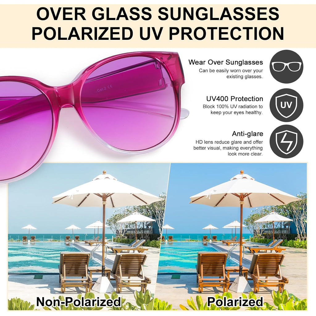 2 Pcs Polarized Fit Over Sunglasses for Women, Large Round UV400 Protection Sunglasses Trendy Fit Over Sunglasses Purple, Pink