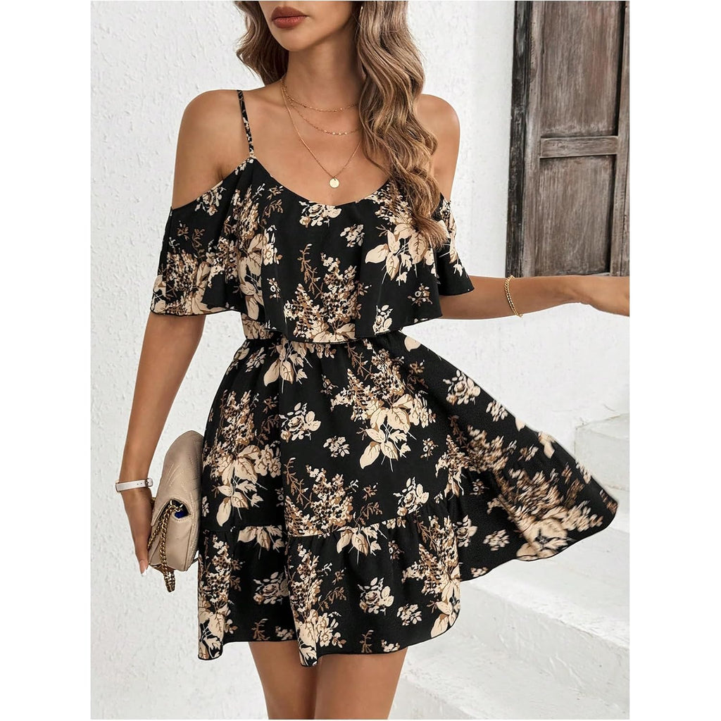 Soly Hux Women'S Boho Floral Print Cold Shoulder Dress Short Sleeve Ruffle A Line Vacation Elegant Mini Dresses