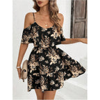 Soly Hux Women'S Boho Floral Print Cold Shoulder Dress Short Sleeve Ruffle A Line Vacation Elegant Mini Dresses