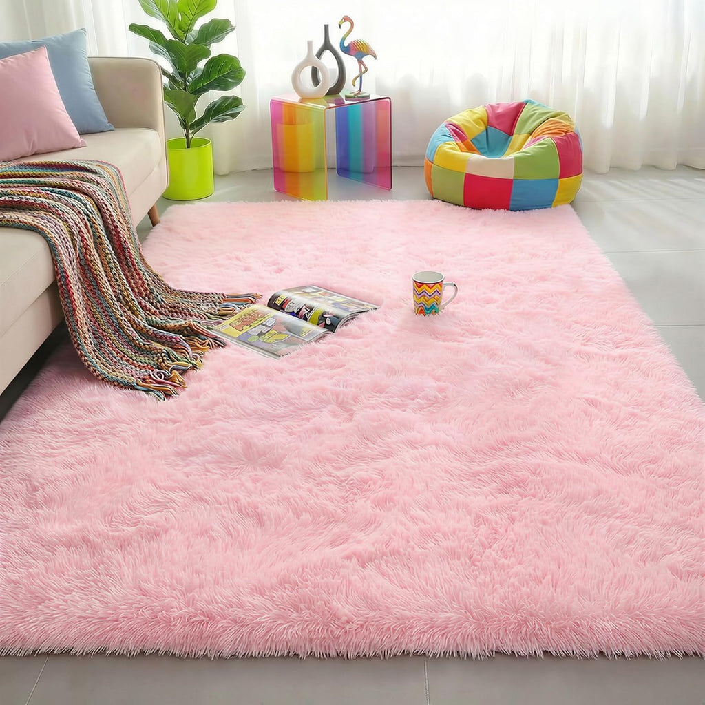 Light Pink Area Rugs for Bedroom Girls, Living Room Decor, Fluffy Fuzzy Plush Shag Rug 4x6 for Kids Room, Soft Cute Aesthetic Floor Fur Carpet for Baby, Toddler, Teen, Nursery, Preppy Dorm, Playroom
