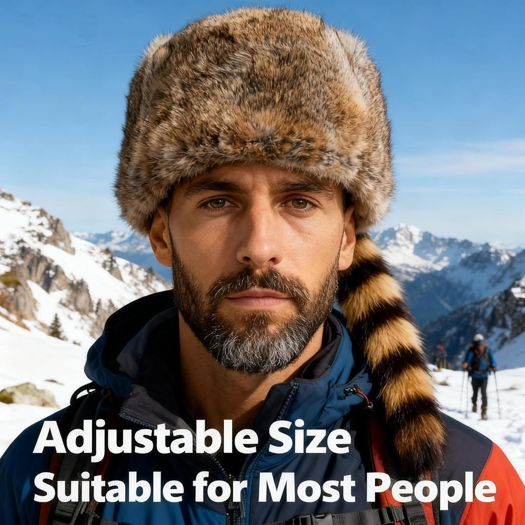 Real Raccoon Hat with Tail for Men Women Rabbit Fur Davey Crockett Coonskin Hat Russian Ushanka Fur Hats
