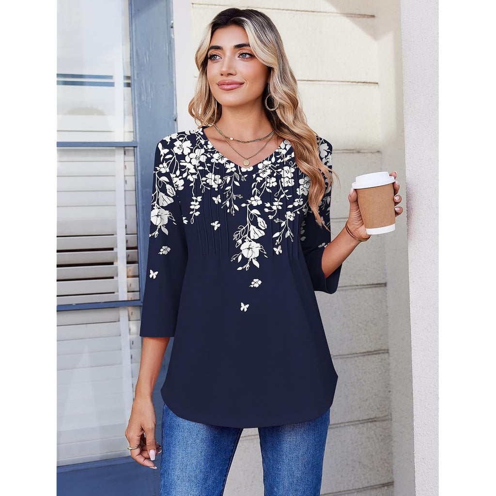 Zeagoo 3/4 Length Sleeve Womens Tops Casual V Neck Pleated Top Boho Floral Blouses Work Shirts