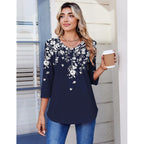 Zeagoo 3/4 Length Sleeve Womens Tops Casual V Neck Pleated Top Boho Floral Blouses Work Shirts