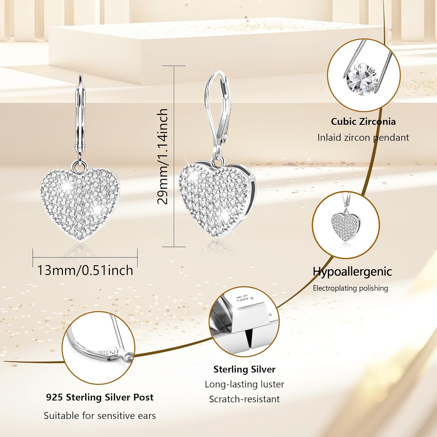 ALEXCRAFT 925 Sterling Silver Dangle Earrings, 14K Gold Plated Heart Waterdrop Earring for Women Trendy Hypoallergenic Leverback Earings Wedding Cubic Zirconia Dangle Earrings Jewelry for Women