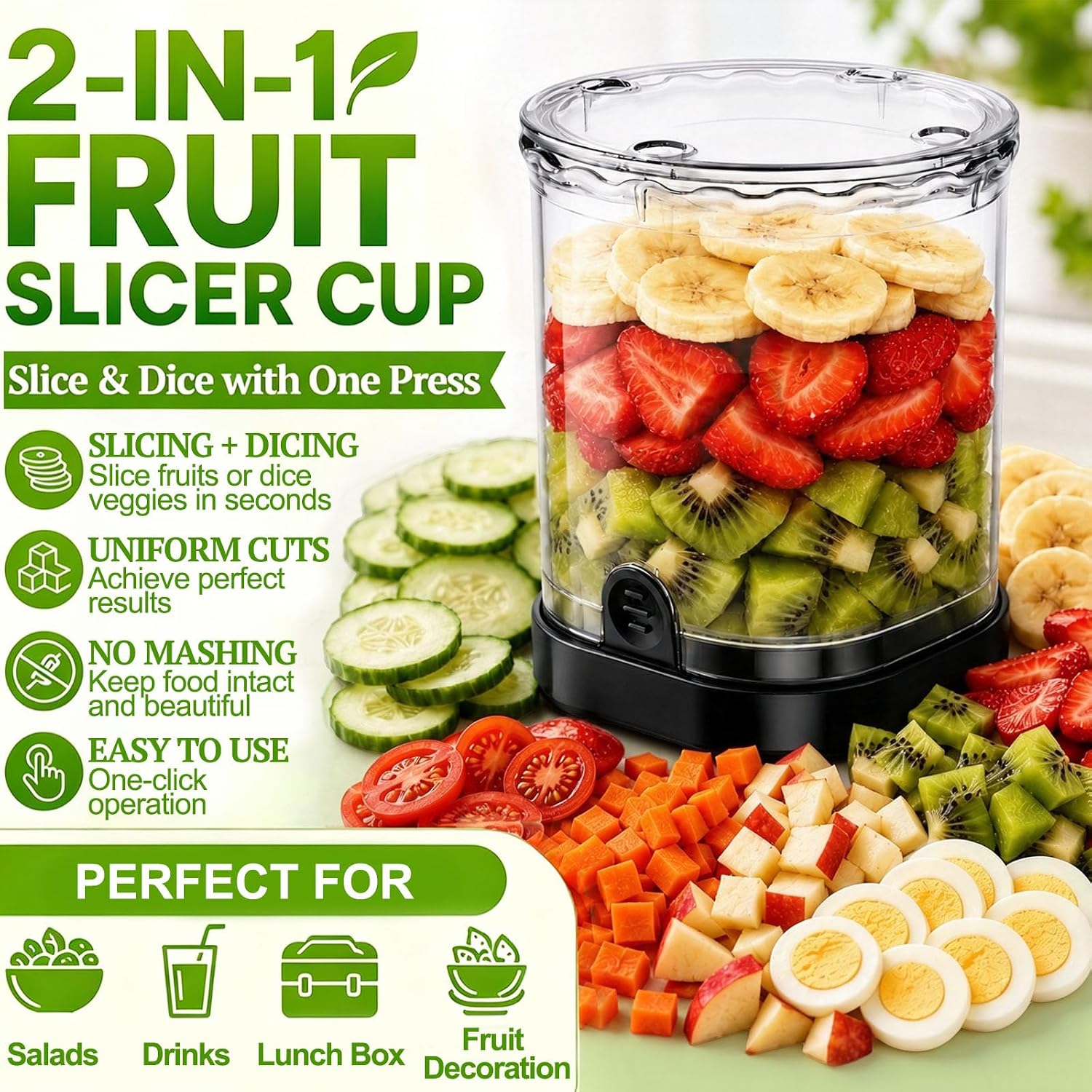 Hendiy 2-In-1 Fruit Slicer Cup, Stainless Steel | Strawberry Slicer Dicer, With Lid & Push Plate, Portable Kitchen Gadget, For Strawberry Banana Grape Egg Vegetable Salad
