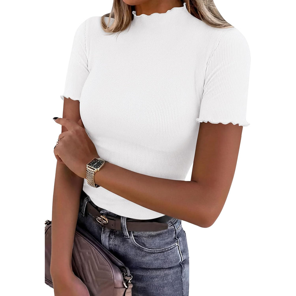 Short Sleeve T Shirts for Women Summer Clothes 2026 Casual Spring Tops Ruffle Mock Neck Ribbed Fitted Basic Tees