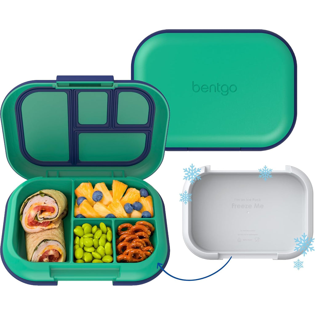Bentgo Chill Kids Leakproof Lunch Box - 4-Compartment Bento Box With Built-In Ice Pack, 3.3 Cup Capacity, Bpa-Free, Microwave & Dishwasher Safe Tray, Ages 3–7 (Green/Navy)