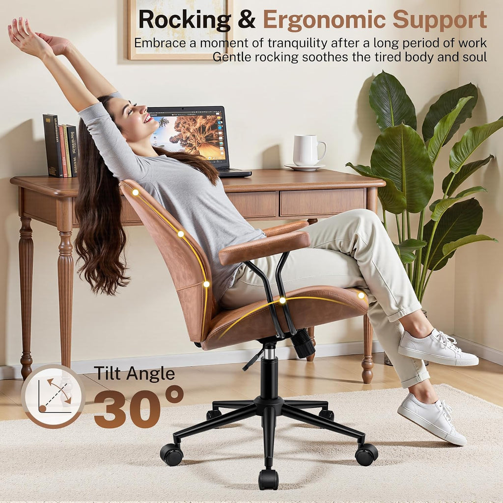 Leather Office Chair With Removable Armrests, Mid Back Ergonomic Desk Chair With Lumbar Support, Adjustable Height Rocking Swivel Executive Chair For Home Office, Brown