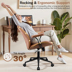 Leather Office Chair With Removable Armrests, Mid Back Ergonomic Desk Chair With Lumbar Support, Adjustable Height Rocking Swivel Executive Chair For Home Office, Brown